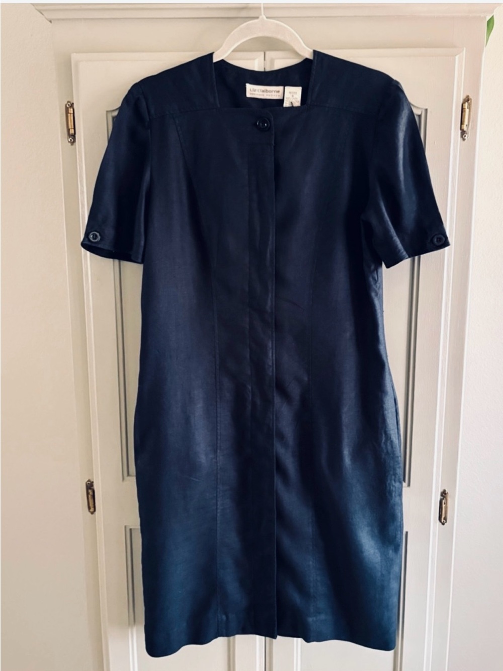 Vintage Liz Claiborne 100% Linen Navy Midi Sheath Dress 6 Petite